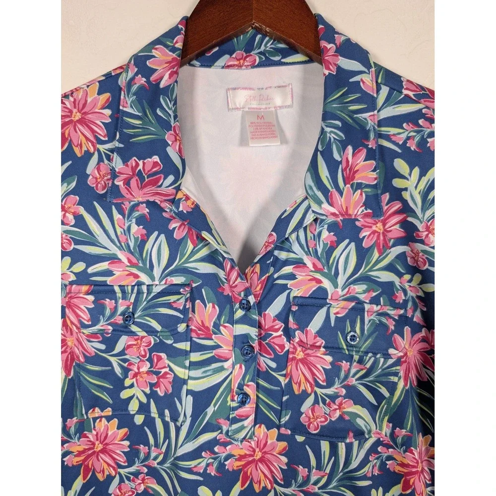 Stella‎ Parker Shirt Womens Medium Blue Floral Hawaiian Short Sleeve Summer